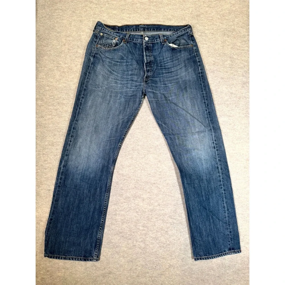 Levis 501 Original Jeans Men 38x32 Blue Whiskered Denim Straight Leg Cotton Logo